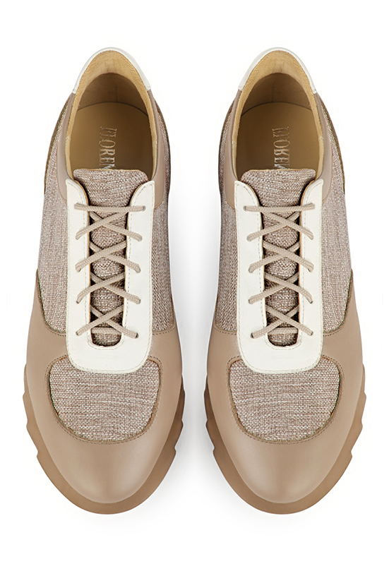 Tan beige and off white women's three-tone elegant sneakers. Round toe. Low rubber soles. Top view - Florence KOOIJMAN